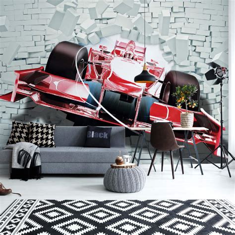 Formula 1 Racing Car Bursting Through Brick Wall 3d Wallpaper Mural