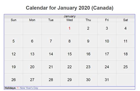 January 2020 Canada Holidays Calendar Monthly Calendar Template