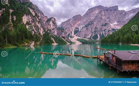 Boats On The Braies Lake Pragser Wildsee In Dolomites Mountains