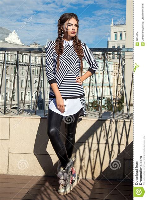 Beautiful Young Girl Model On The Background Of The Urban Landsc Stock