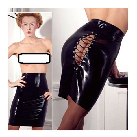 Plus Size Sexy Lace Up Back Hollow Out Pvc Pencil Skirt Elastic Waist