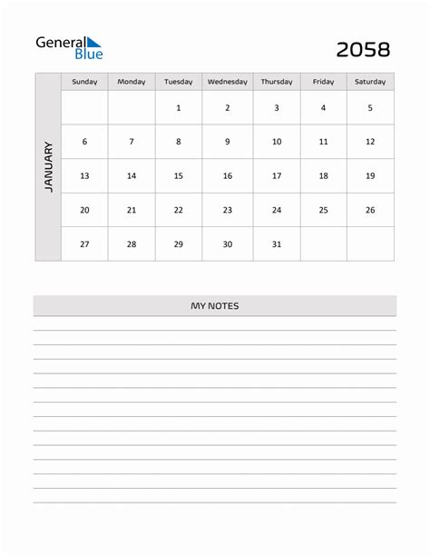 January 2058 Printable Monthly Calendar With Notes
