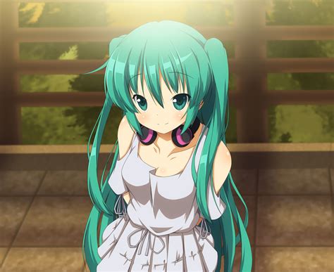 Aqua Eyes Aqua Hair Hatsune Miku Headphones Long Hair Twintails