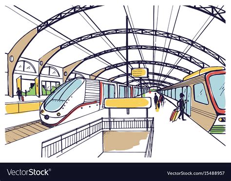 Colorful Sketch With Railway Station Hand Drawn Vector Image