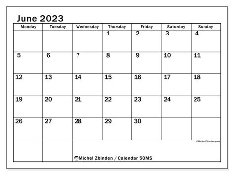 June 2023 Printable Calendar “50ms” Michel Zbinden Us