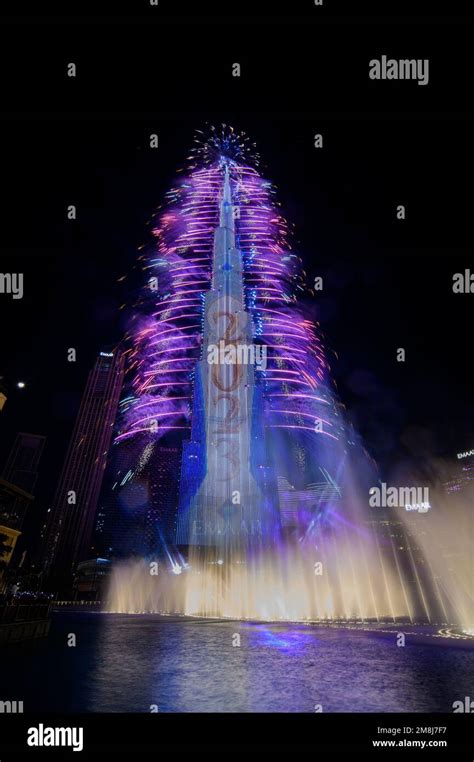 Dubai Uae 1st January 2023 A Fireworks Display Accompanied By A