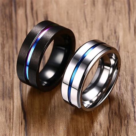 Cheap Black Silver Color Stainless Steel Rings For Men Rainbow Thin
