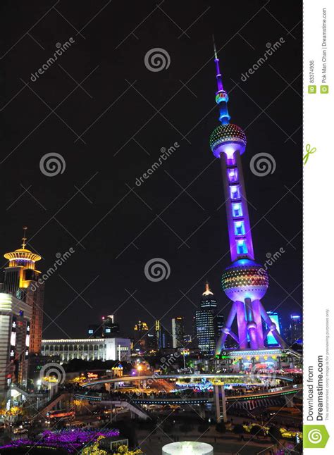 Aerial Night View Of Shanghai Pudong Oriental Pearl Tower Editorial