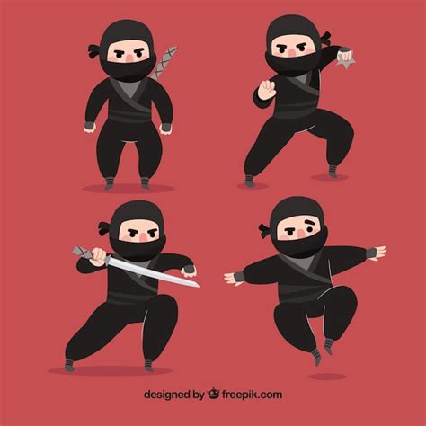 Colección Adorable De Personajes De Ninja Con Diseño Plano Vector Gratis