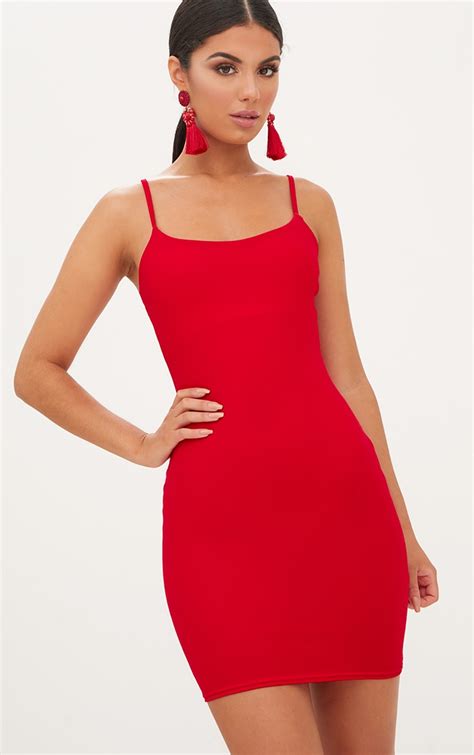 Red Square Neck Spaghetti Strap Bodycon Dress Prettylittlething Usa