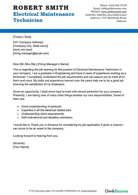 Electrical Maintenance Technician Cover Letter Examples Qwikresume