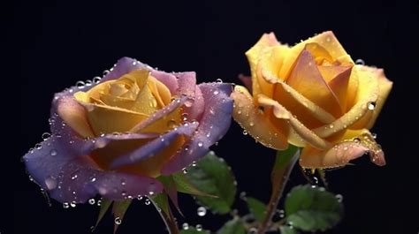 Premium Ai Image Two Beautiful Yellow Roses Flowers Water Drops