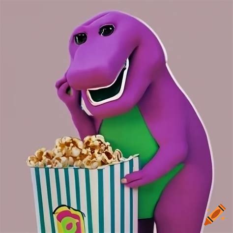 Barney Enjoying Popcorn From A Bucket On Craiyon