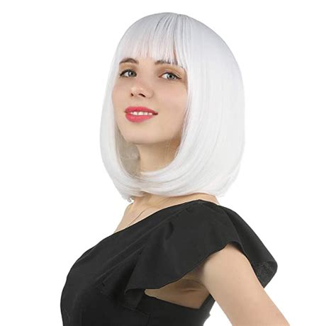 Enilecor Short Bob Hair Wigs 12 Straight With Flat Bangs Synthetic