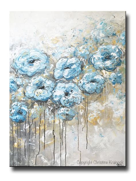 Original Art Abstract Flowers Painting Floral Blue White