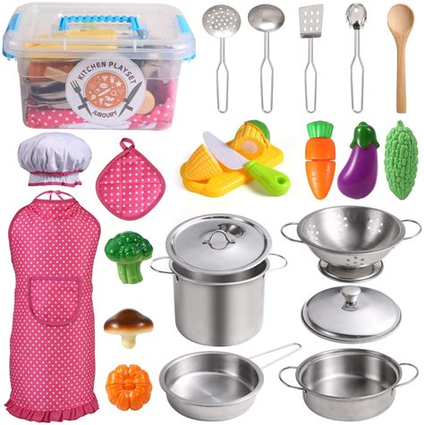 Juboury Play Kitchens Accessories Toys With Stainless Steel Cookware