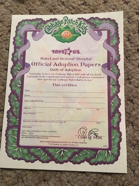 Original Blank Cabbage Patch Kids Birth Certificates And Adoption Papers