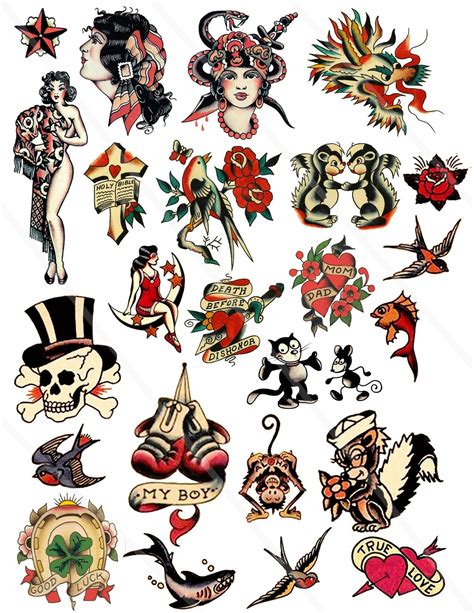 Digital Collage Sheet Retro Tattoo Clipart Png Jpeg Vintage Etsy
