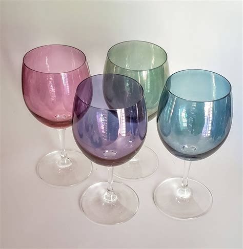 Vintage Multi Colored Wine Glasses Set Of Four Violet Aqua Etsy Colored Wine Glasses
