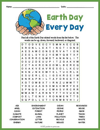 Free Printable Earth Day Word Search April Easter Arbour Day Earth