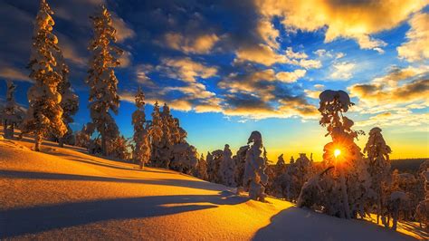 Winter Mountain Snow Trees Sky Clouds Sunset Wallpaper