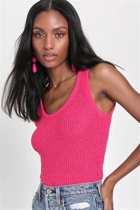 Hot Pink Tank Top Loose Knit Tank Top Sleeveless Knit Top Lulus