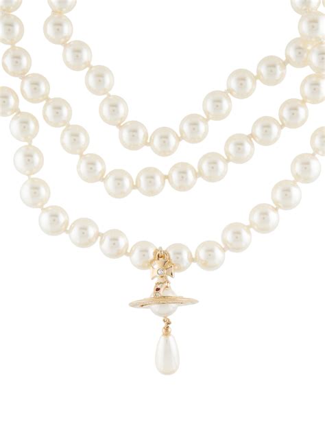 Vivienne Westwood Three Row Faux Pearl Crystal Drop Choker Necklace
