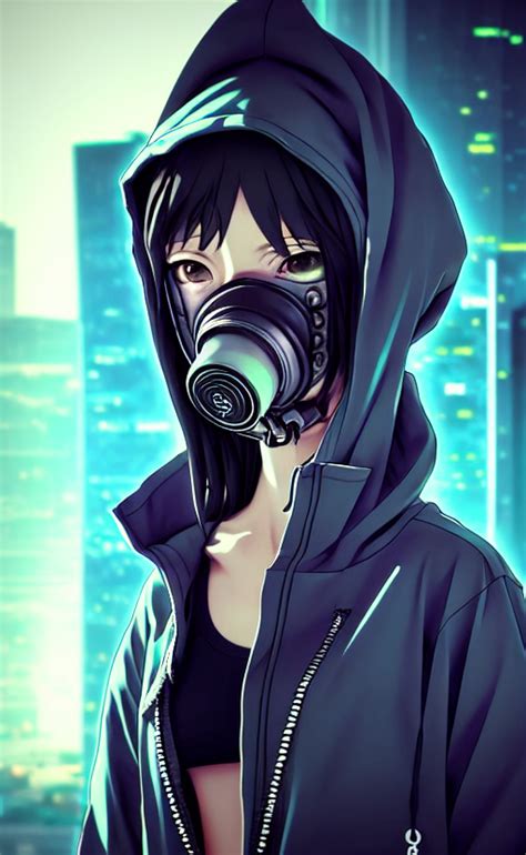 Krea Ai Cyberpunk Anime Girl In Hoodie Cyberpunk Gas Mask