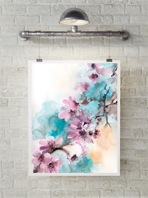 Turquoise Pink Botanical Art Print Blooming Branch Watercolor Etsy