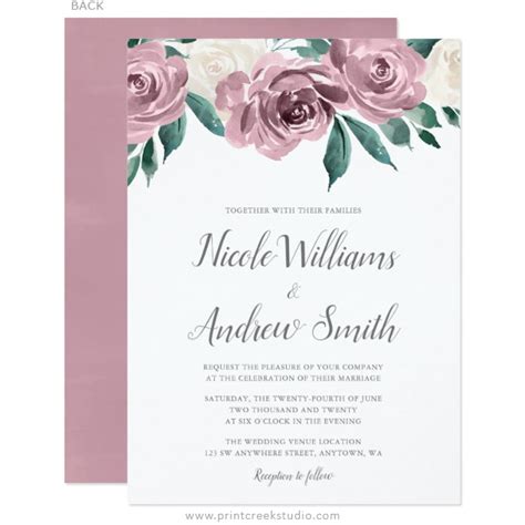 Mauve Watercolor Roses Floral Wedding Invitations Print Creek Studio Inc