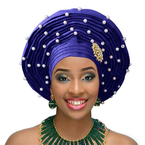 African Gele Already Heatie Aso Oke Headtie With Beads African Headwear