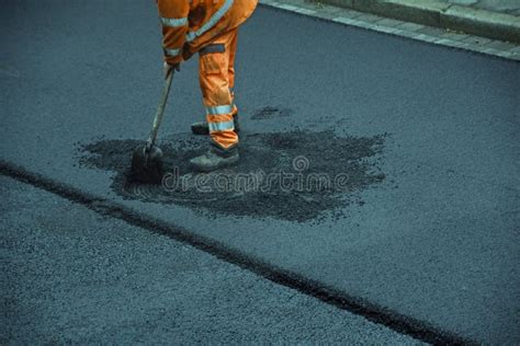 Road Construction Worker Working With Shovel Stock Image Image Of