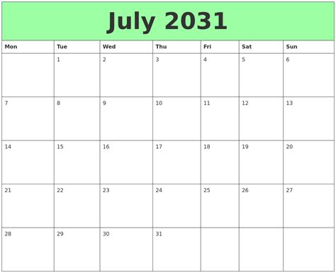 July 2031 Printable Calendars