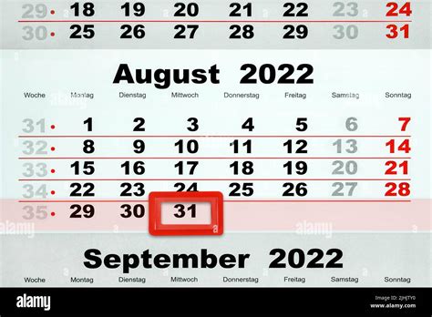 Deutscher Kalender Datum 31 August 2022 Mittwoch Stock Photo Alamy