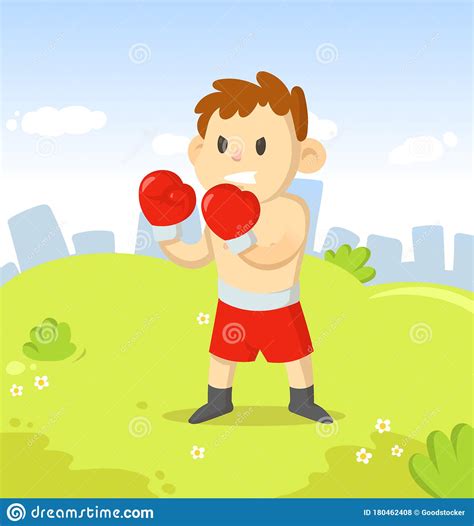 Boxer Boy In Boxing Gloves Standing In The City Park Sport And Fitness
