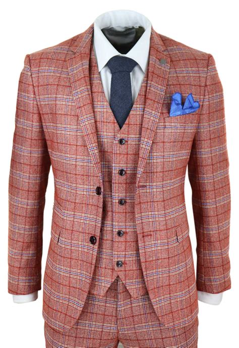 Mens Red 3 Piece Tweed Check Suit | Happy Gentleman