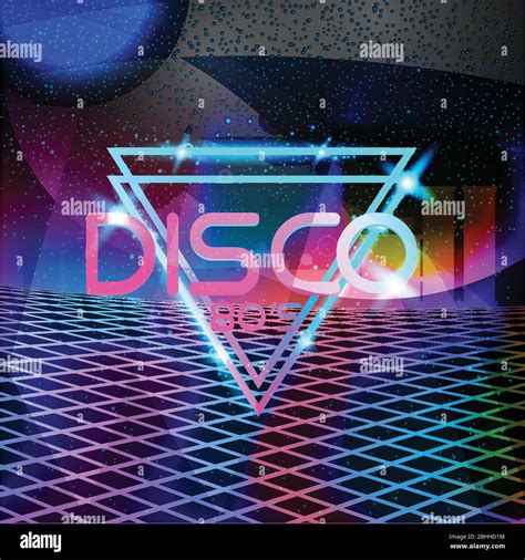 Retro Style 80s Disco Design Neon Landscape With Grid Of 80s Styled