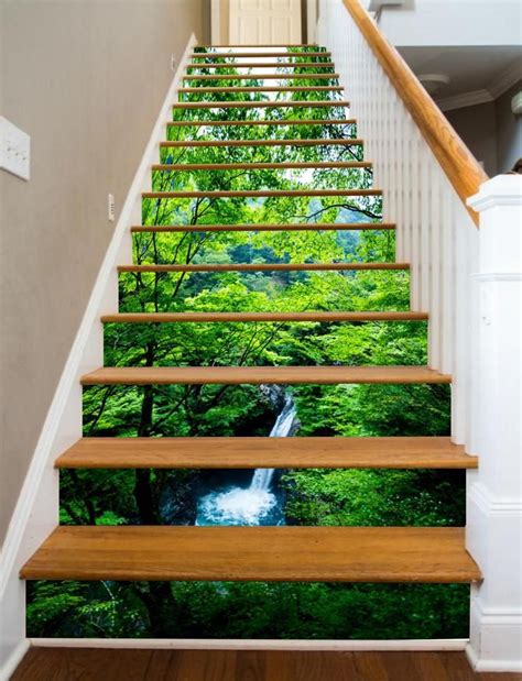 3d Green Forest And Water Fall Stair Risers Mural Pvc Sticker Etsy