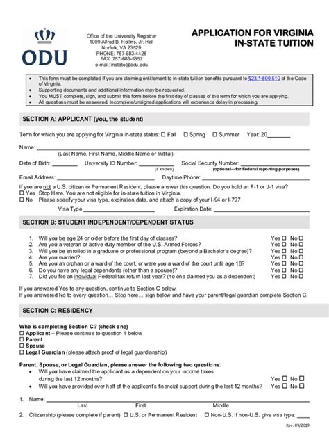 Old Dominion University Application For Virginia In State Tuition 2019 2022 Fill And Sign