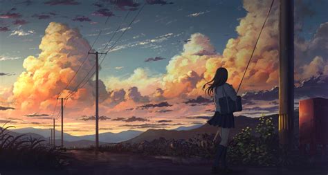 Download 1080x1920 Anime Landscape Anime Girl Clouds Scenic Sky