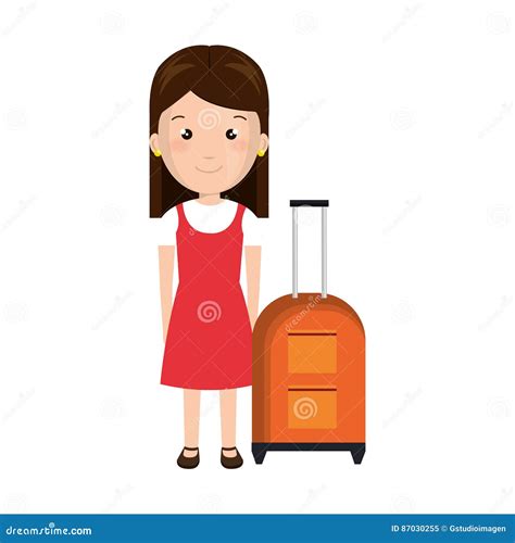 Cartoon Girl With Cute Dress And Travel Luggage Stock Vector