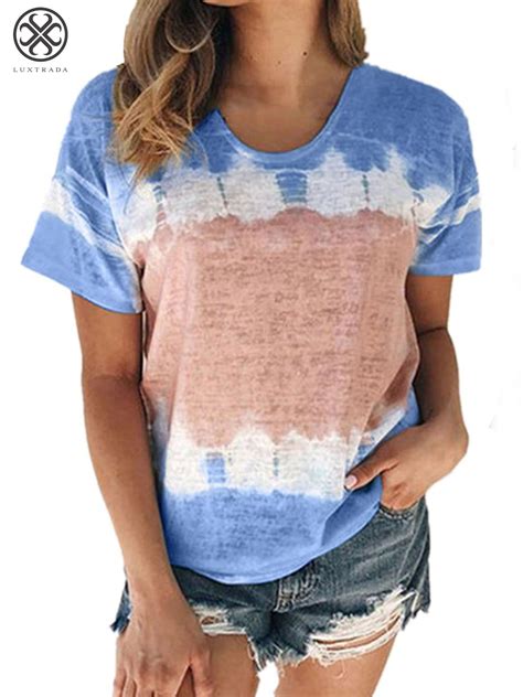 luxtrada summer women tee shirts gradient print tops women ladies short sleeve loose casual t
