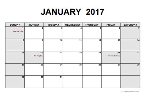 A classic design printable 2021 monthly word calendar with the usa federal holidays embedded within large boxes for the days. 2017 Monthly Calendar PDF - Free Printable Templates