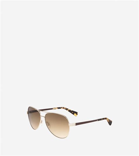 Metal Aviator Sunglasses With Leather In Gold Cole Haan