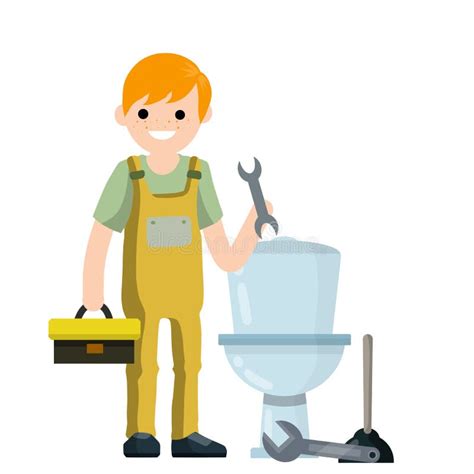 Plumber Repairs Toilet Bowl Cartoon Illustration Worker With Wrench