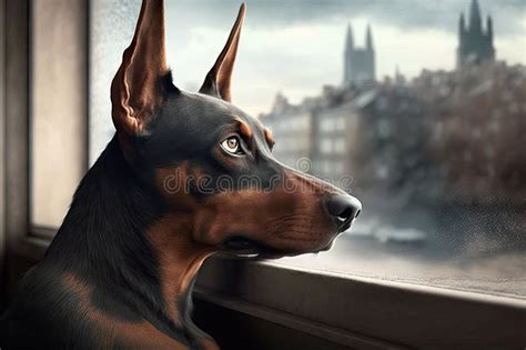Doberman Pinscher Sitting On Windowsill Looking Out At The View Stock