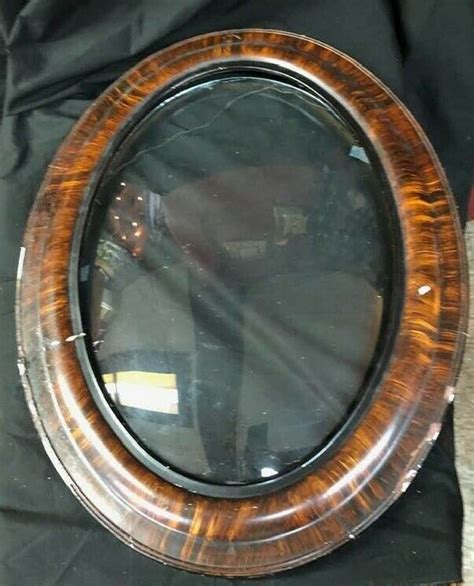 Antique Ornate Oval Wood Picture Frame With Bubble Convex Curved Glass