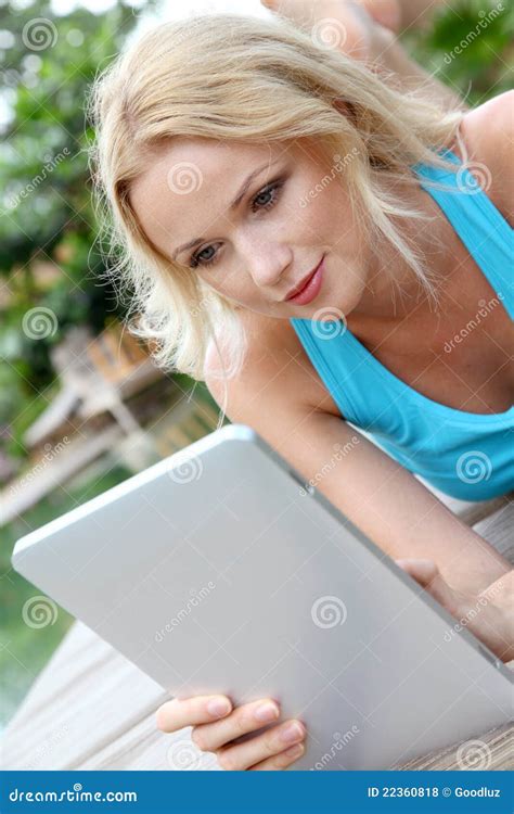 Woman Using Touchpad Stock Photo Image Of Pretty Connection
