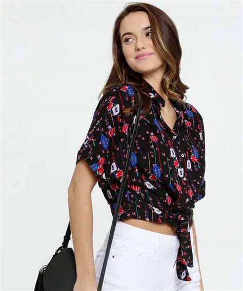 Camisa Feminina Cropped Estampada Manga Curta Marisa Marisa