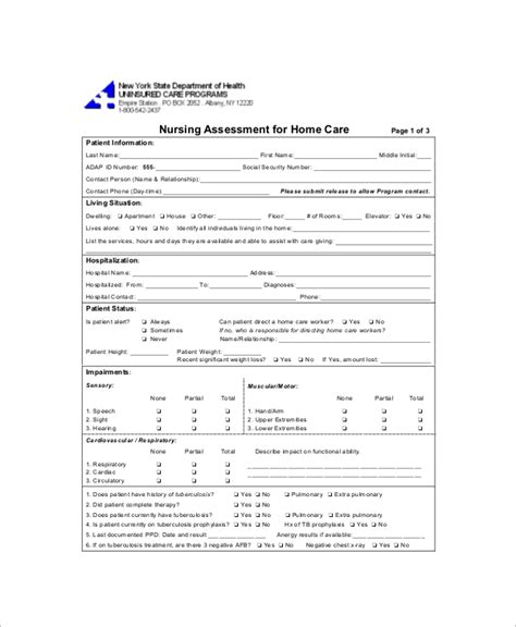 Nursing Assessment Forms Bank Home Com